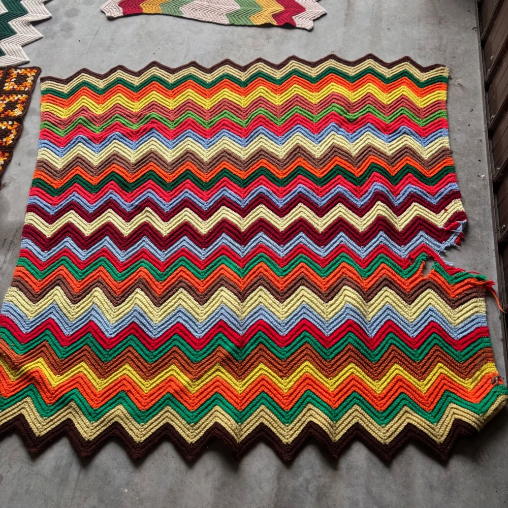Vintage Handmade Crochet Chevron Afghan Blanket Multi-Color Zigzag 57x56 AS IS